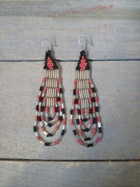 Handmade Seed Bead Black Coral Red Iridescent Clear Looped Dangle Earrings